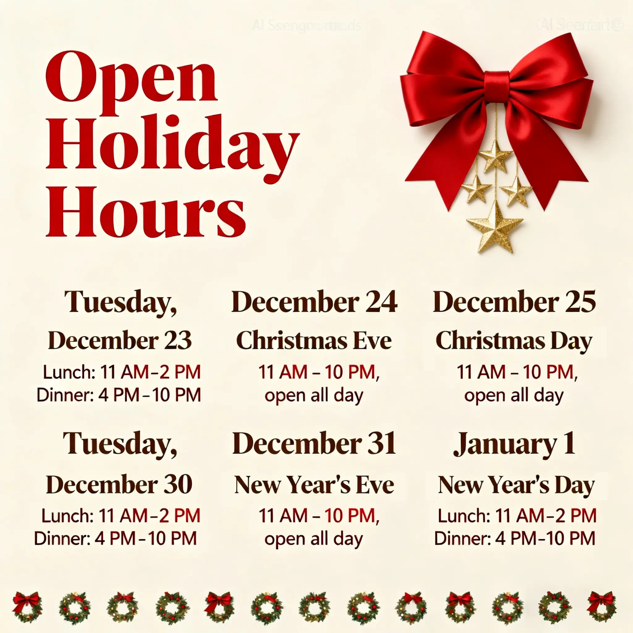 OPen Holiday Hours